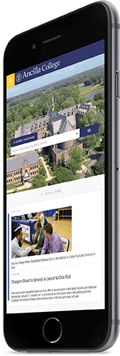 A mobile phone displaying the homepage of Ancilla College