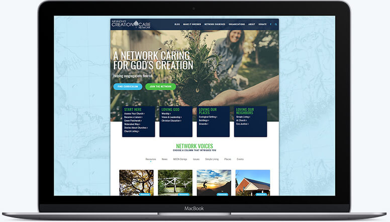 A laptop showing the ease of navigation on the Mennonite Creation Care Network homepage