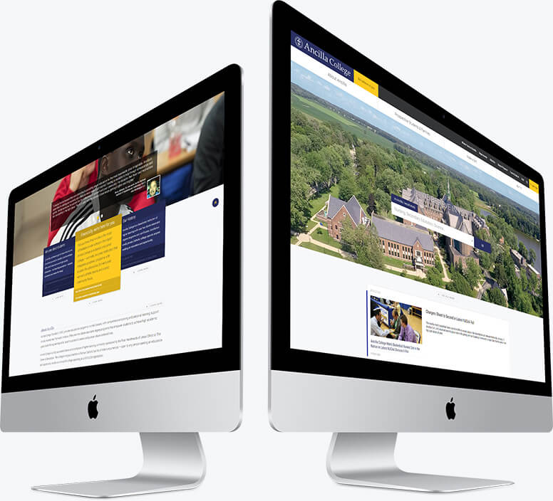Two desktop computers showing layouts of the dynamic, custom design of the homepage for Ancilla College