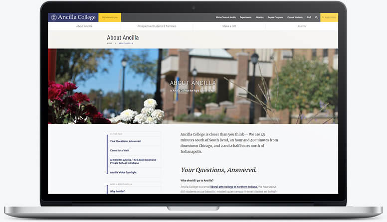 A laptop showing the standard subpage layout for Ancilla College