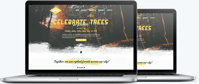 Two laptops showing the hero section of the Trees for Goshen website