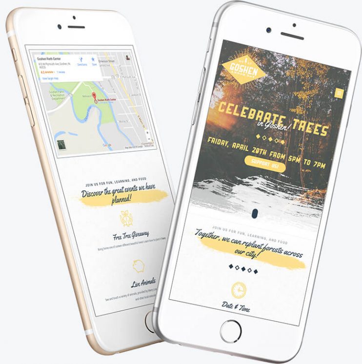 Two phones showing the responsive layout for the Trees for Goshen website