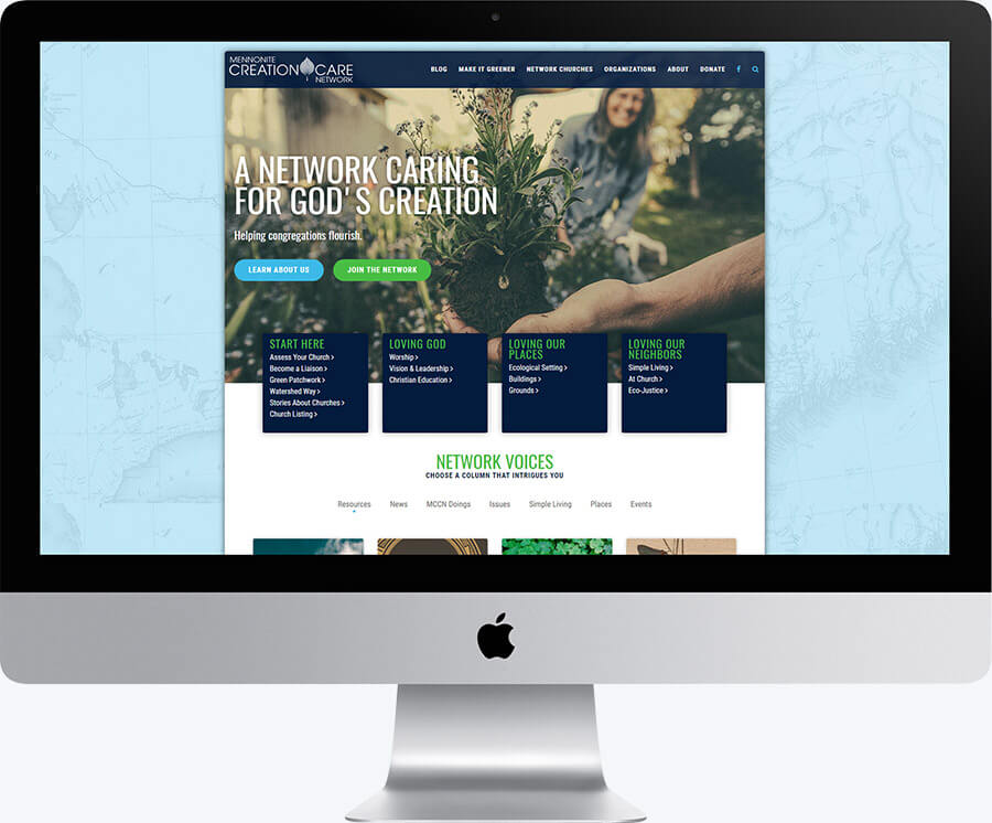 A desktop computer showing the custom layout and navigation designed and developed for the Mennonite Creation Care Network website