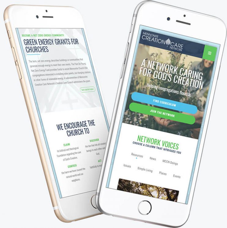 Two mobile phones demonstrating the homepage layout for the Mennonite Creation Care Network website