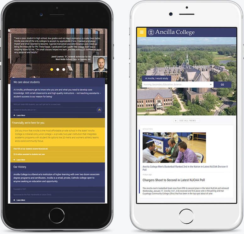 Two mobile phones demonstrating alternate layouts for the Ancilla College homepage