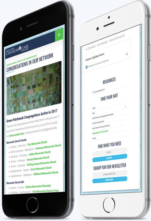 Two phones showing the advanced navigation and page layouts custom-built for the Mennonite Creation Care Network website