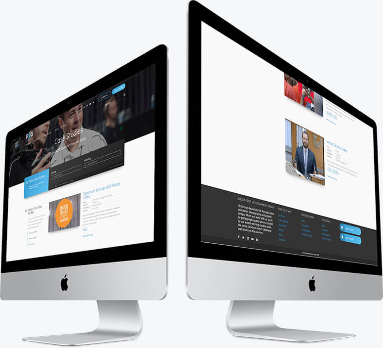 Two desktop computers demonstrating the layout of the case study listing page on Pritt Entertainment Group's website