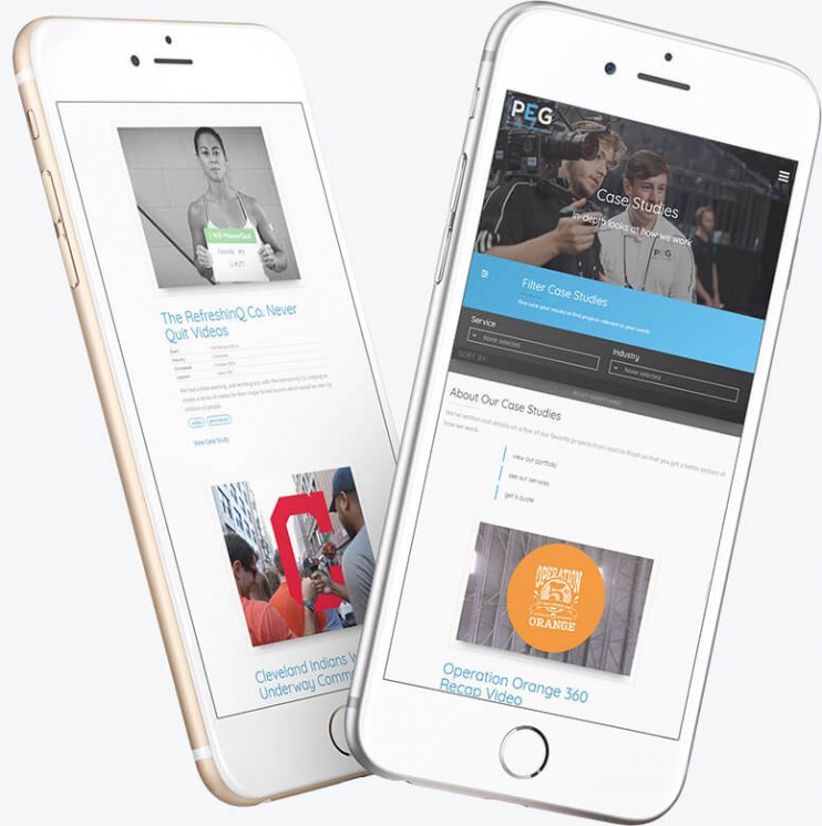 Two mobile phones showcasing the case study filter features of the Pritt Entertainment Group website