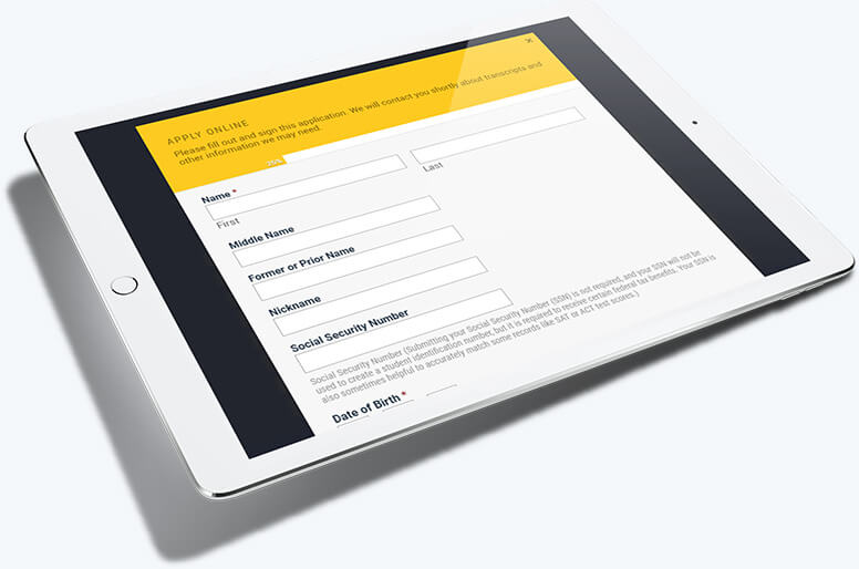 A tablet showing the streamlined online application form for Ancilla College