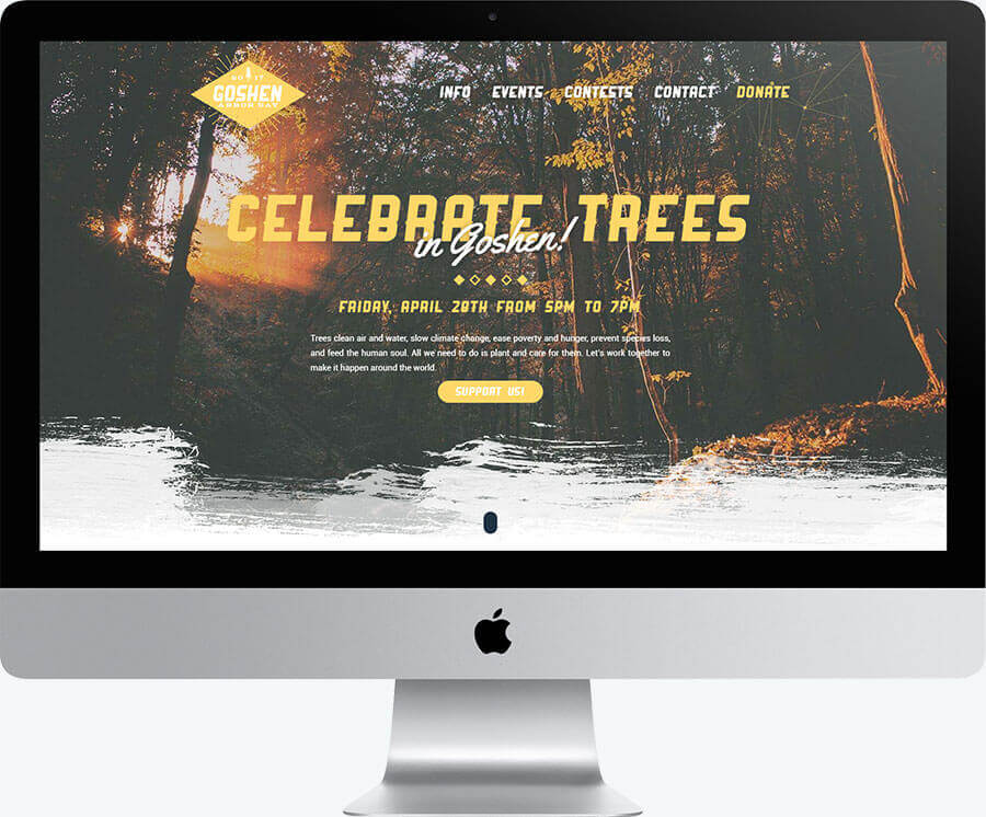 A desktop computer showing the layout of the homepage for the Goshen Arbor Day website